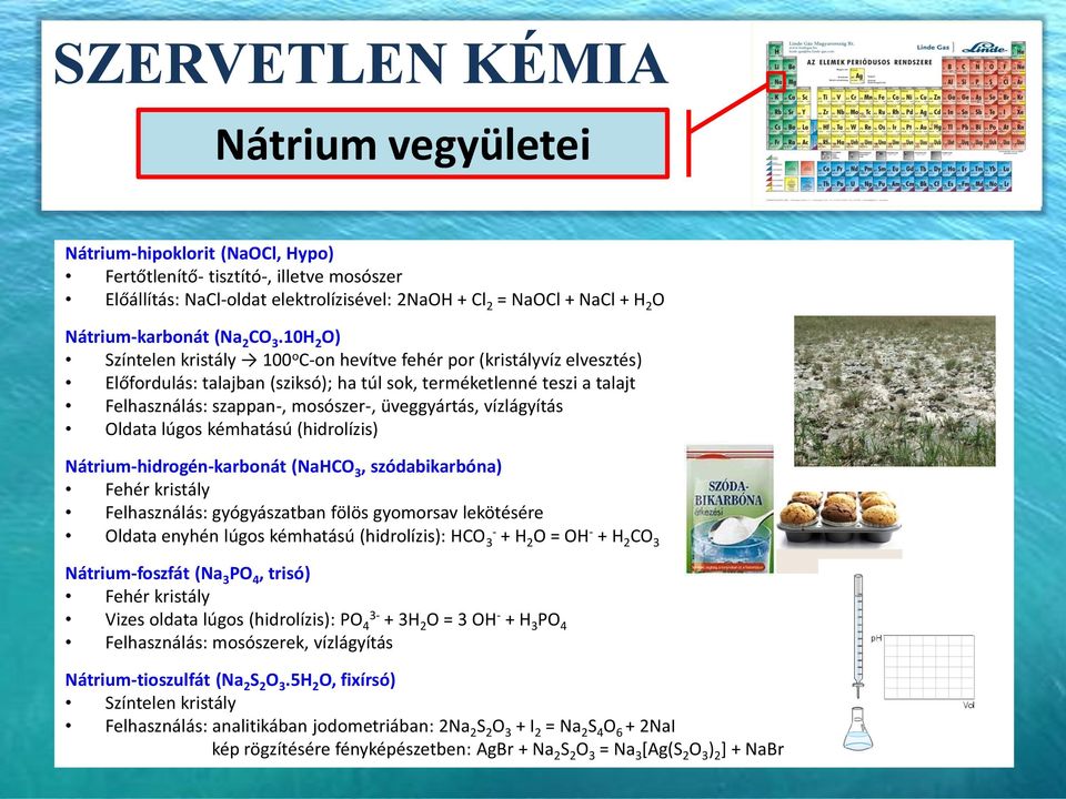 üveggyártás, vízlágyítás Oldata lúgos kémhatású (hidrolízis) Nátrium-hidrogén-karbonát (NaHCO 3, szódabikarbóna) Fehér kristály Felhasználás: gyógyászatban fölös gyomorsav lekötésére Oldata enyhén