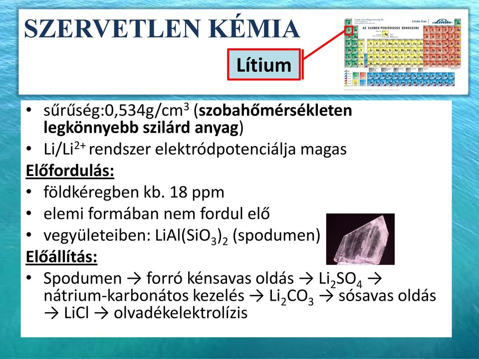 18 ppm elemi formában nem fordul elő vegyületeiben: LiAl(SiO 3 ) 2 (spodumen)