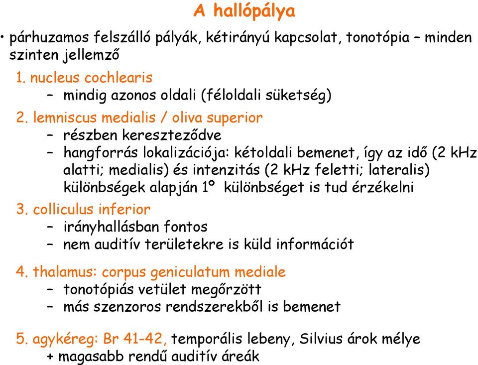 lateralis) különbségek alapján 1º különbséget is tud érzékelni 3. colliculus inferior irányhallásban fontos nem auditív területekre is küld információt 4.