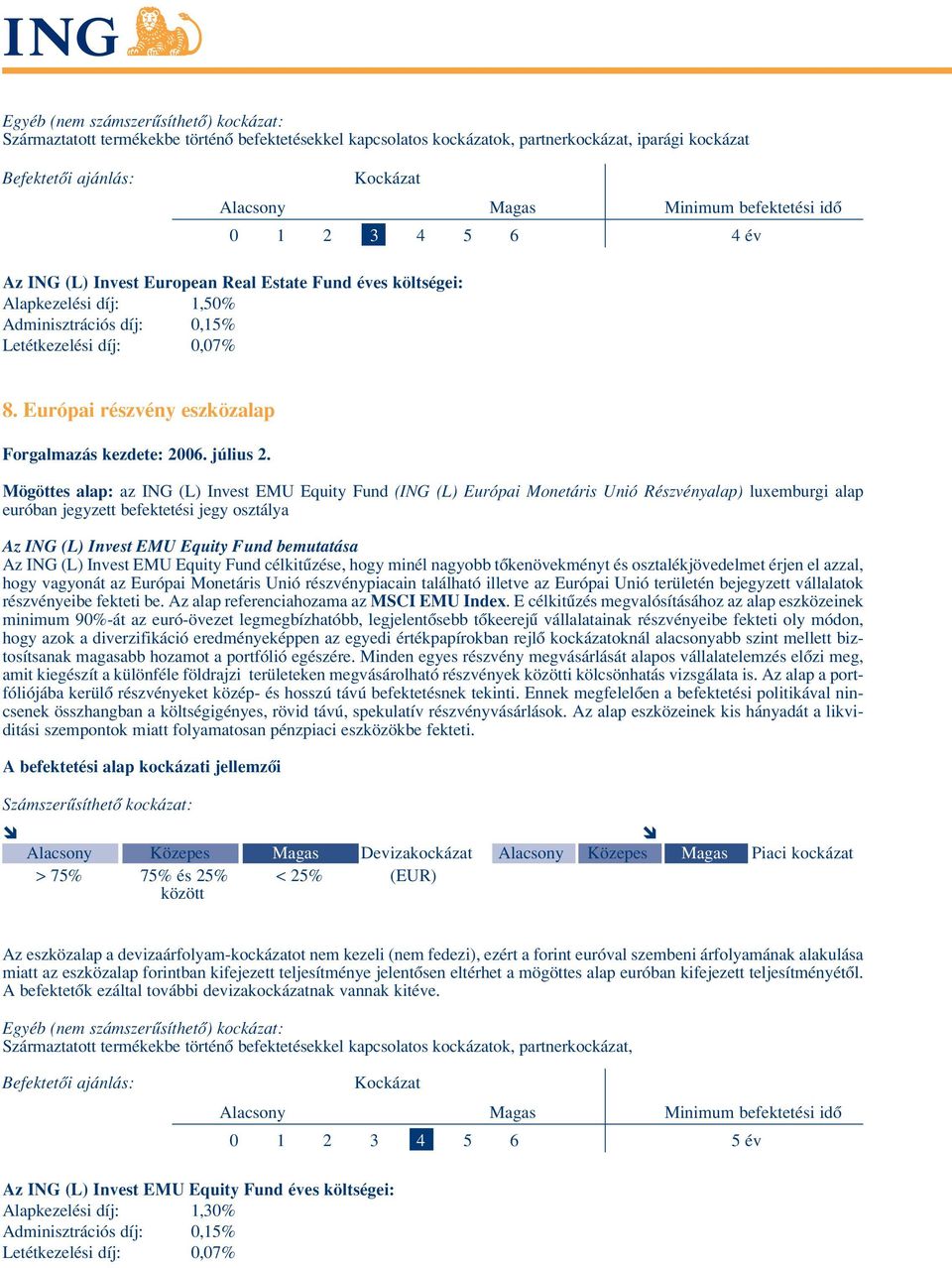 Európai részvény eszközalap Mögöttes alap: az ING (L) Invest EMU Equity Fund (ING (L) Európai Monetáris Unió Részvényalap) luxemburgi alap euróban jegyzett befektetési jegy osztálya Az ING (L) Invest