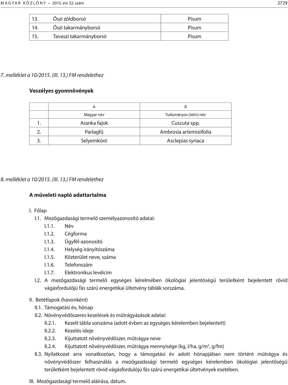 1.1. Név I.1.2. Cégforma I.1.3. Ügyfél-azonosító I.1.4. Helység irányítószáma I.1.5. Közterület neve, száma I.1.6. Telefonszám I.1.7. Elektronikus levélcím I.2. A mezőgazdasági termelő egységes kérelmében ökológiai jelentőségű területként bejelentett rövid vágásfordulójú fás szárú energetikai ültetvény táblák sorszáma.