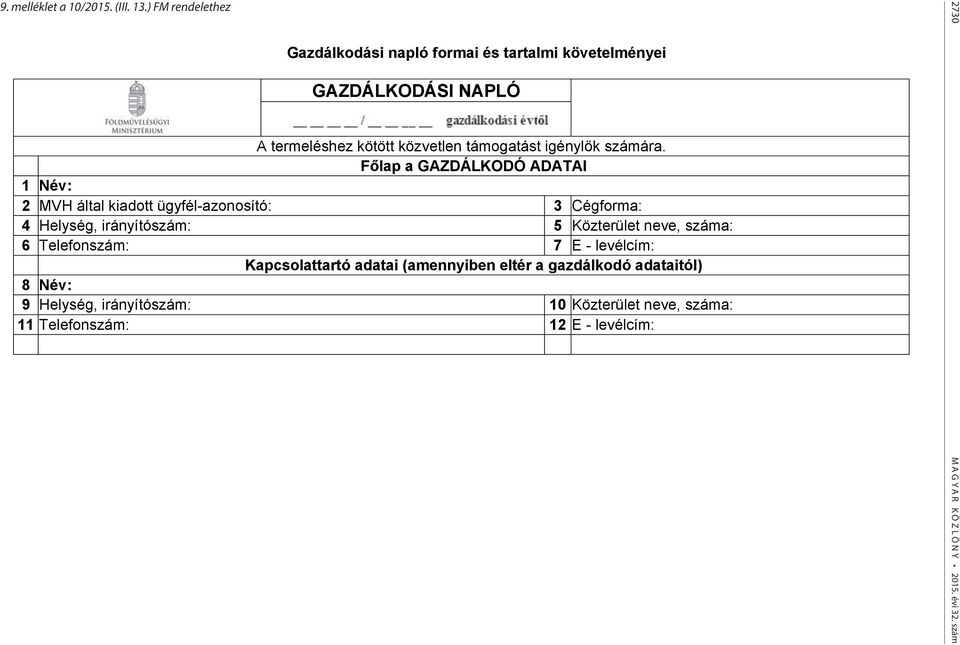 Főlap a GAZDÁLKODÓ ADATAI 1 Név: 2 MVH által kiadott ügyfél-azonosító: 3 Cégforma: 4 Helység, irányítószám: 5 Közterület neve, száma: 6 Telefonszám: