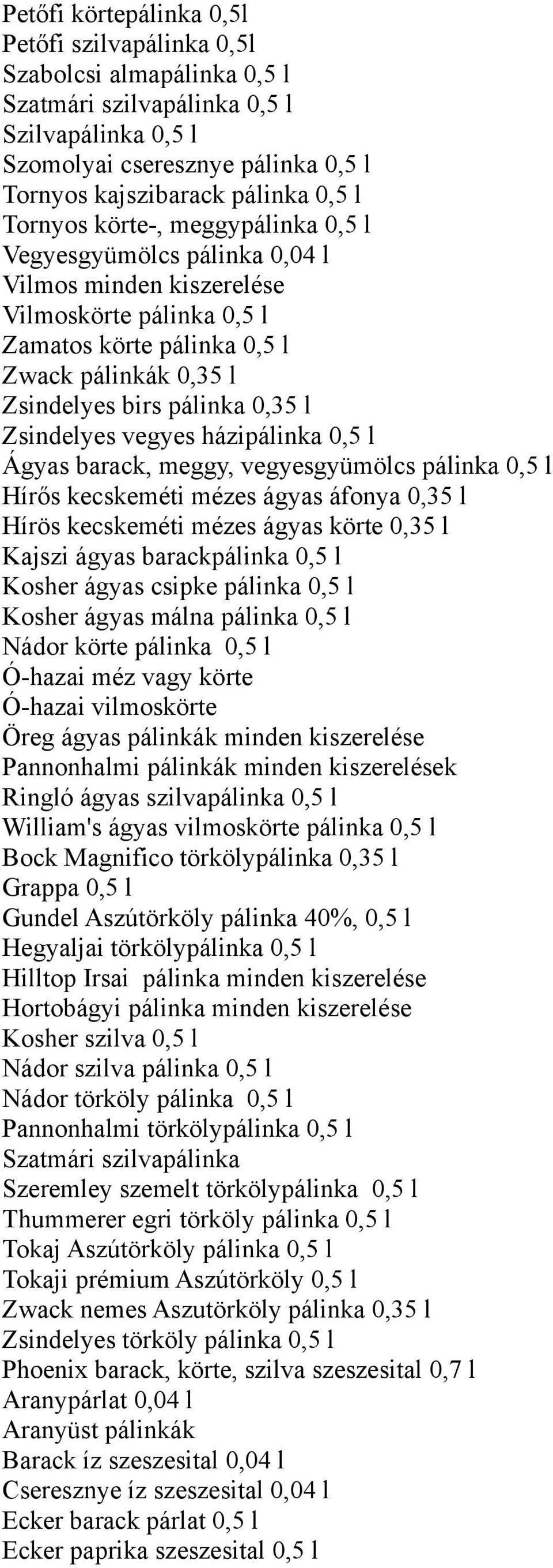 Zsindelyes vegyes házipálinka 0,5 l Ágyas barack, meggy, vegyesgyümölcs pálinka 0,5 l Hírős kecskeméti mézes ágyas áfonya 0,35 l Hírös kecskeméti mézes ágyas körte 0,35 l Kajszi ágyas barackpálinka