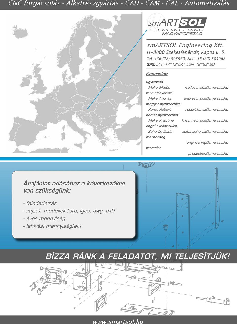 makai@smartsol.hu magyar nyelvterület Koncz Róbert robert.koncz@smartsol.hu német nyelvterület Makai Krisztina krisztina.makai@smartsol.hu angol nyelvterület Zahorák Zoltán zoltan.