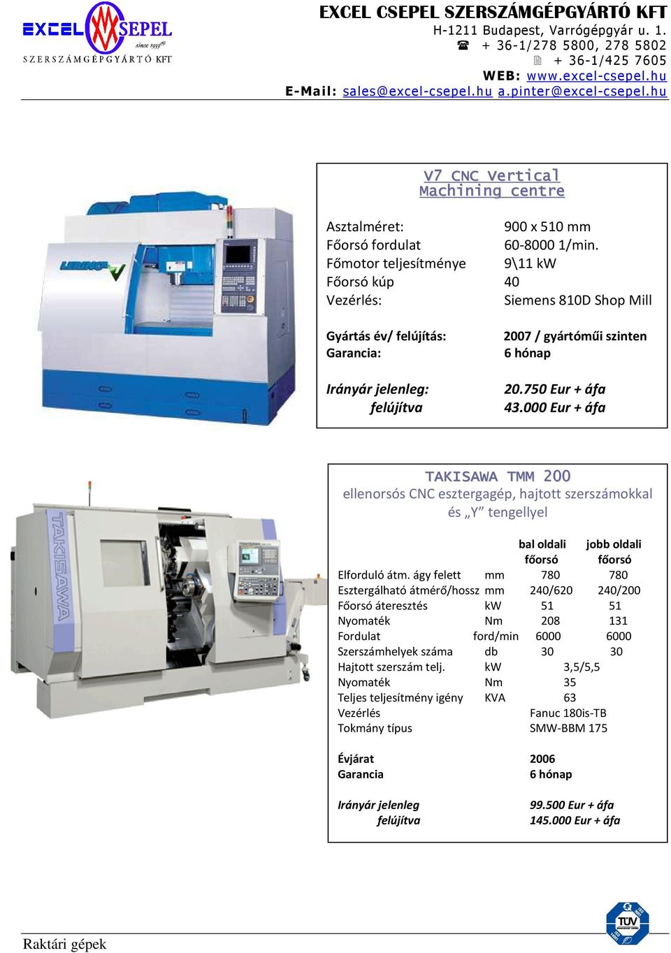 000 Eur + áfa TAKISAWA TMM 200 ellenorsós CNC esztergagép, hajtott szerszámokkal és Y tengellyel bal oldali jobb oldali főorsó főorsó Elforduló átm.