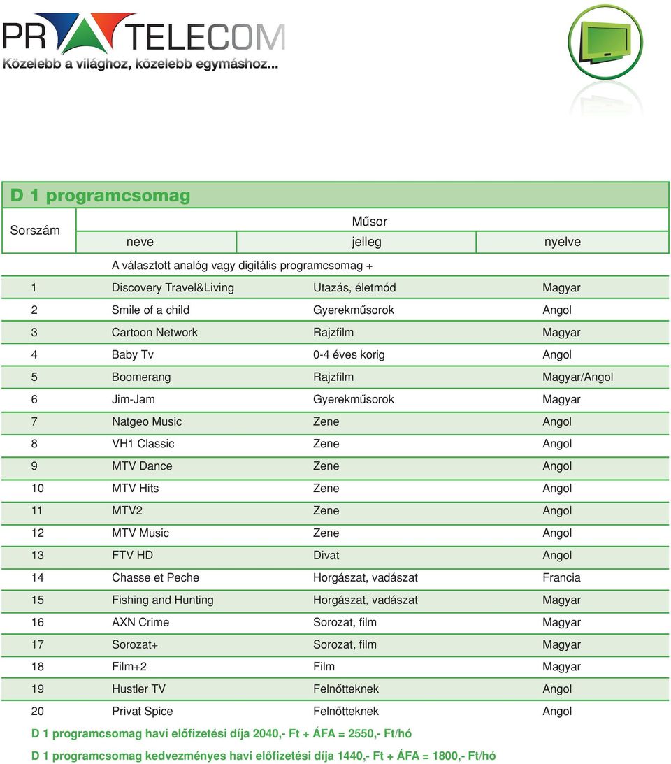 Angol 12 MTV Music Zene Angol 13 FTV HD Divat Angol 14 Chasse et Peche Horgászat, vadászat Francia 15 Fishing and Hunting Horgászat, vadászat Magyar 16 AXN Crime Sorozat, film Magyar 17 Sorozat+