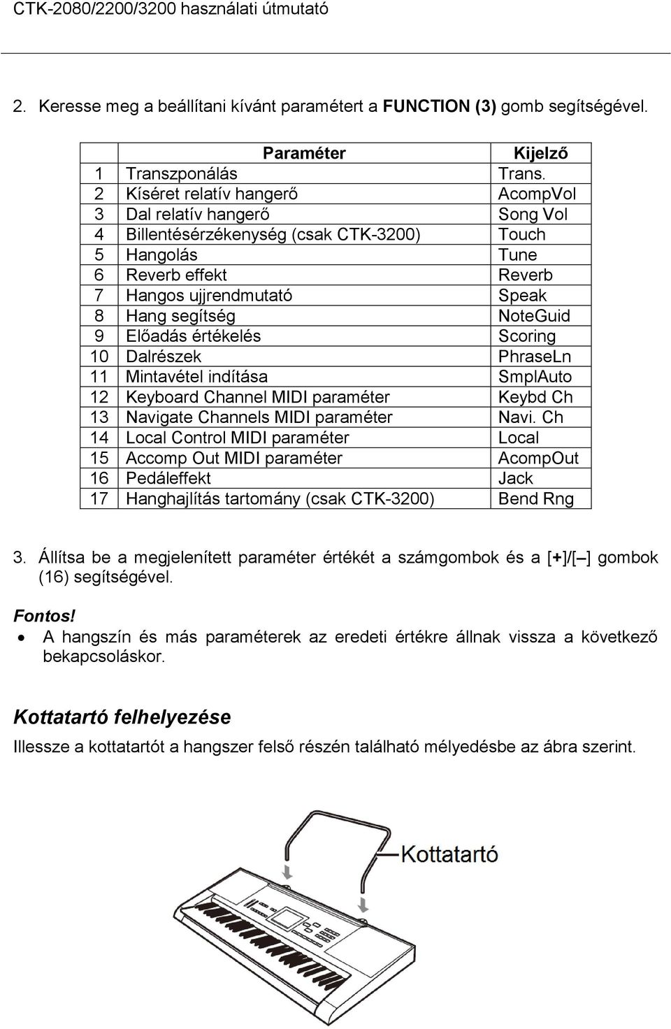 NoteGuid 9 Előadás értékelés Scoring 10 Dalrészek PhraseLn 11 Mintavétel indítása SmplAuto 12 Keyboard Channel MIDI paraméter Keybd Ch 13 Navigate Channels MIDI paraméter Navi.
