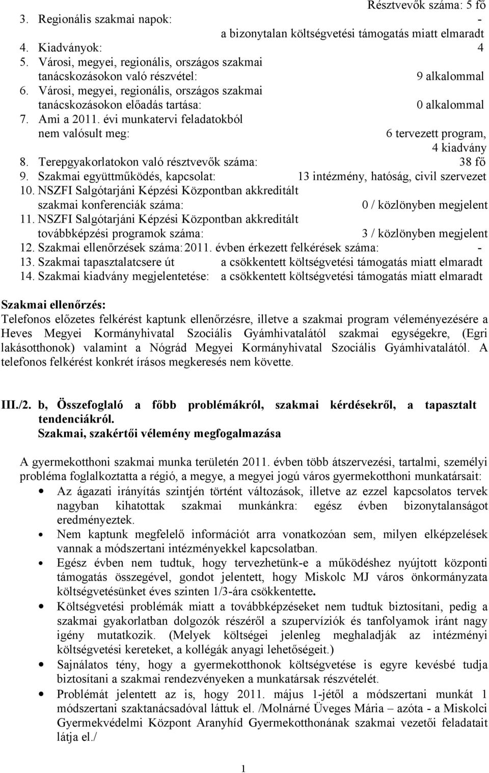 évi munkatervi feladatokból nem valósult meg: 6 tervezett program, 4 kiadvány 8. Terepgyakorlatokon való résztvevők száma: 38 fő 9.