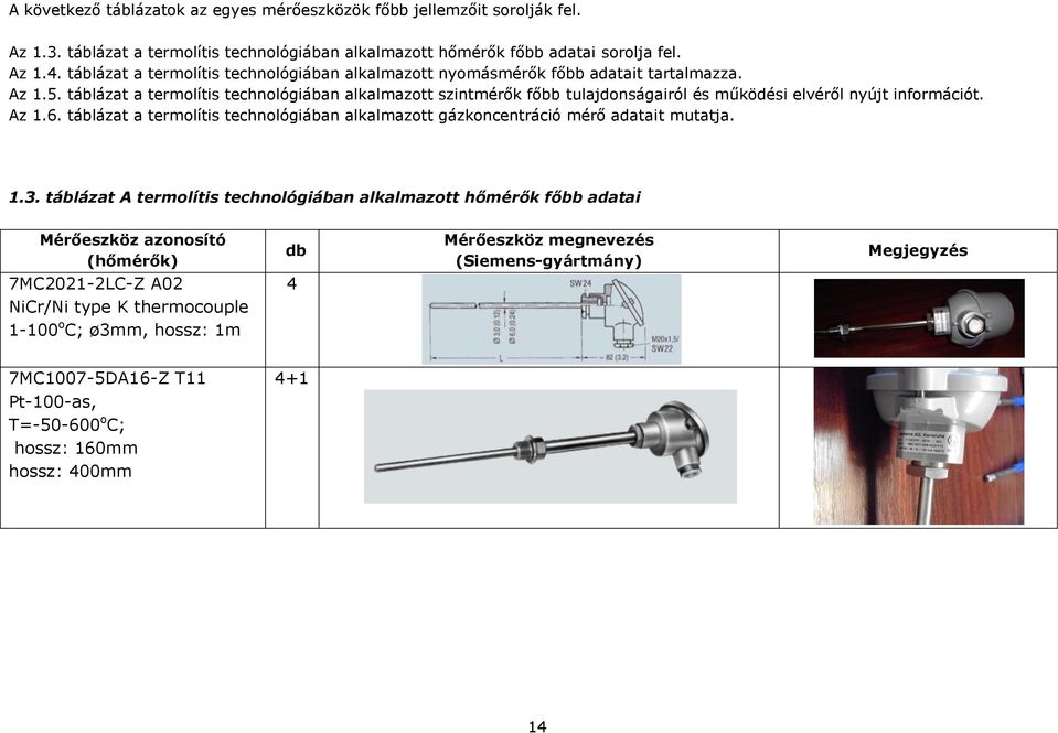 táblázat a termolítis technológiában alkalmazott szintmérők főbb tulajdonságairól és működési elvéről nyújt információt. Az 1.6.