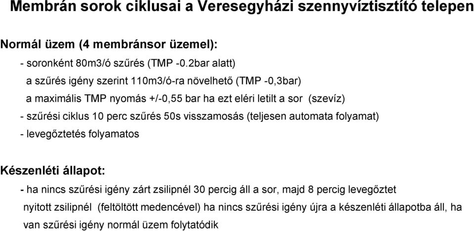 ciklus 10 perc szűrés 50s visszamosás (teljesen automata folyamat) - levegőztetés folyamatos Készenléti állapot: - ha nincs szűrési igény zárt zsilipnél 30