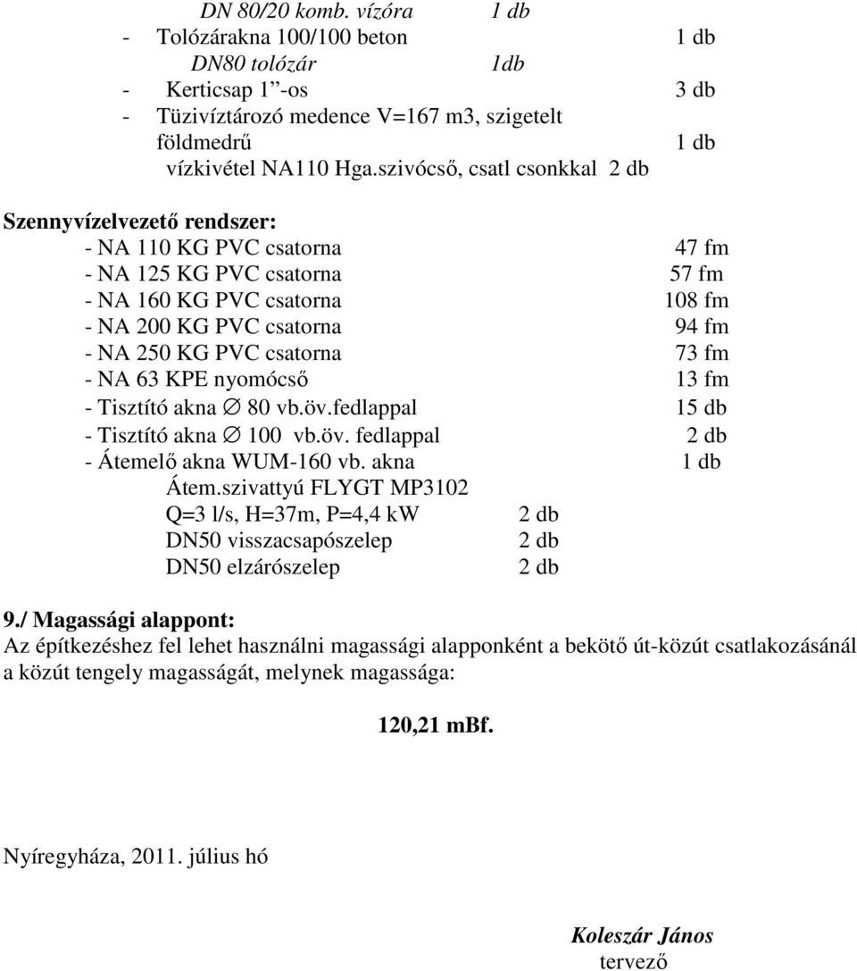 csatorna 73 fm - NA 63 KPE nyomócső 13 fm - Tisztító akna 80 vb.öv.fedlappal 15 db - Tisztító akna 100 vb.öv. fedlappal 2 db - Átemelő akna WUM-160 vb. akna 1 db Átem.