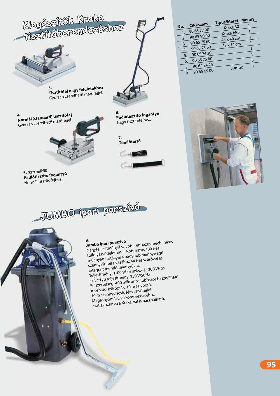 7. Tömlőtartó 5. (kép nélkül) Padlótisztító fogantyú Normál tisztítófejhez. JUMBO ipari porszívó 8. Jumbo ipari porszívó Nagyteljesítményű szívóberendezés mechanikus túlfolyásvédelemmel.
