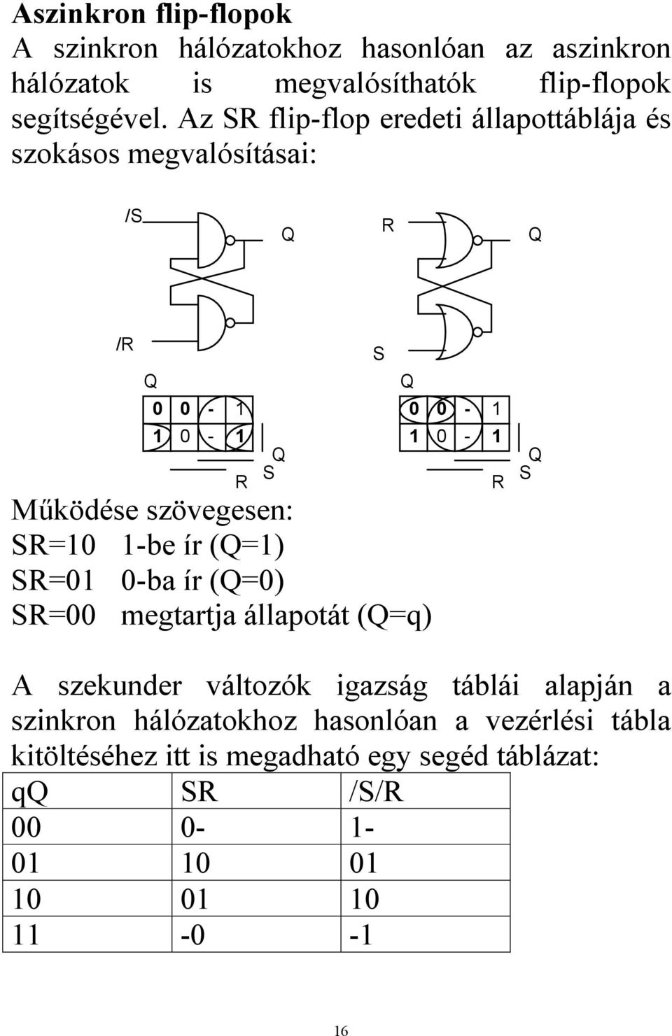 Az SR flip-flop eredeti állapottáblája és szokásos megvalósításai: /S R /R - - S Mőködése szövegesen: SR= -be ír