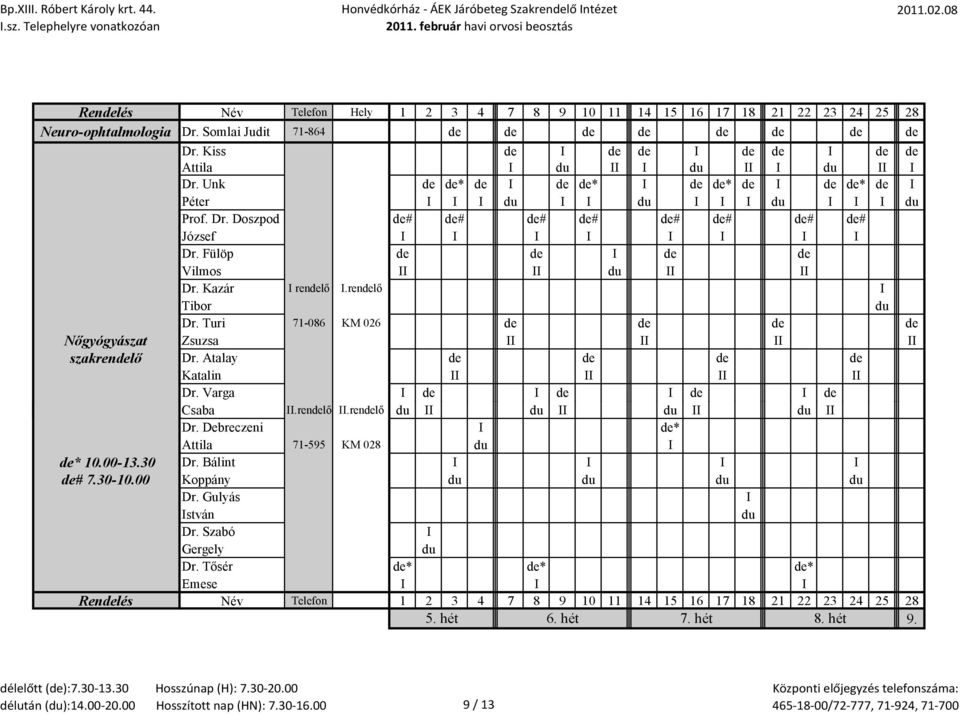 Kazár I rendelő I.rendelő I Tibor Dr. Turi 71-086 KM 026 de de de de Nőgyógyászat Zsuzsa II II II II szakrendelő Dr. Atalay de de de de Katalin II II II II Dr. Varga I de I de I de I de Csaba II.