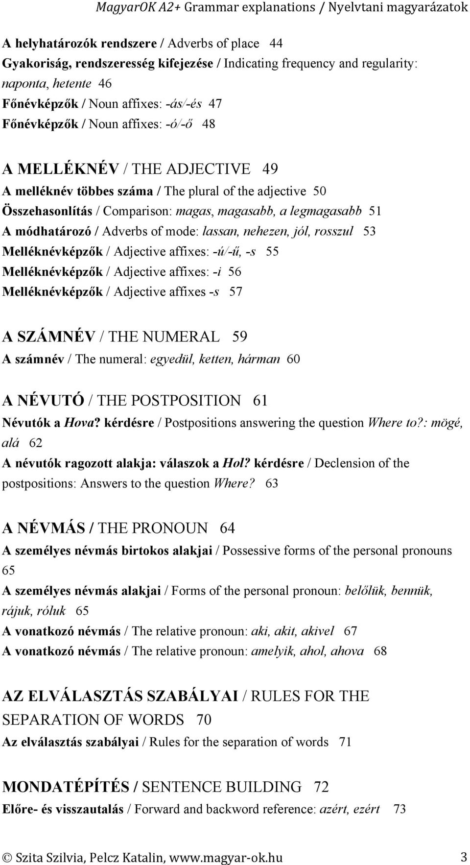 of mode: lassan, nehezen, jól, rosszul 53 Melléknévképzők / Adjective affixes: -ú/-ű, -s 55 Melléknévképzők / Adjective affixes: -i 56 Melléknévképzők / Adjective affixes -s 57 A SZÁMNÉV / THE