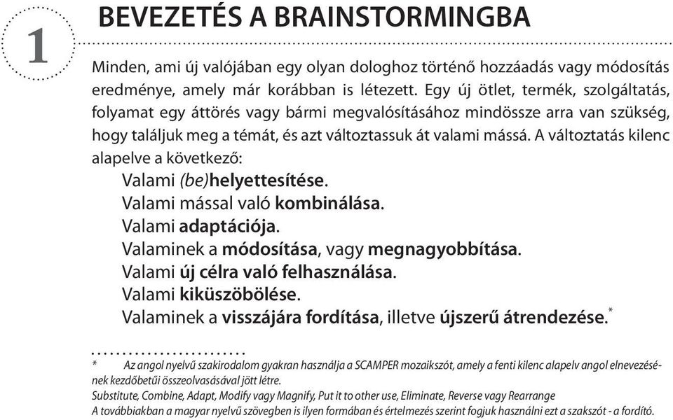 A változtatás kilenc alapelve a következő: Valami (be)helyettesítése. Valami mással való kombinálása. Valami adaptációja. Valaminek a módosítása, vagy megnagyobbítása.