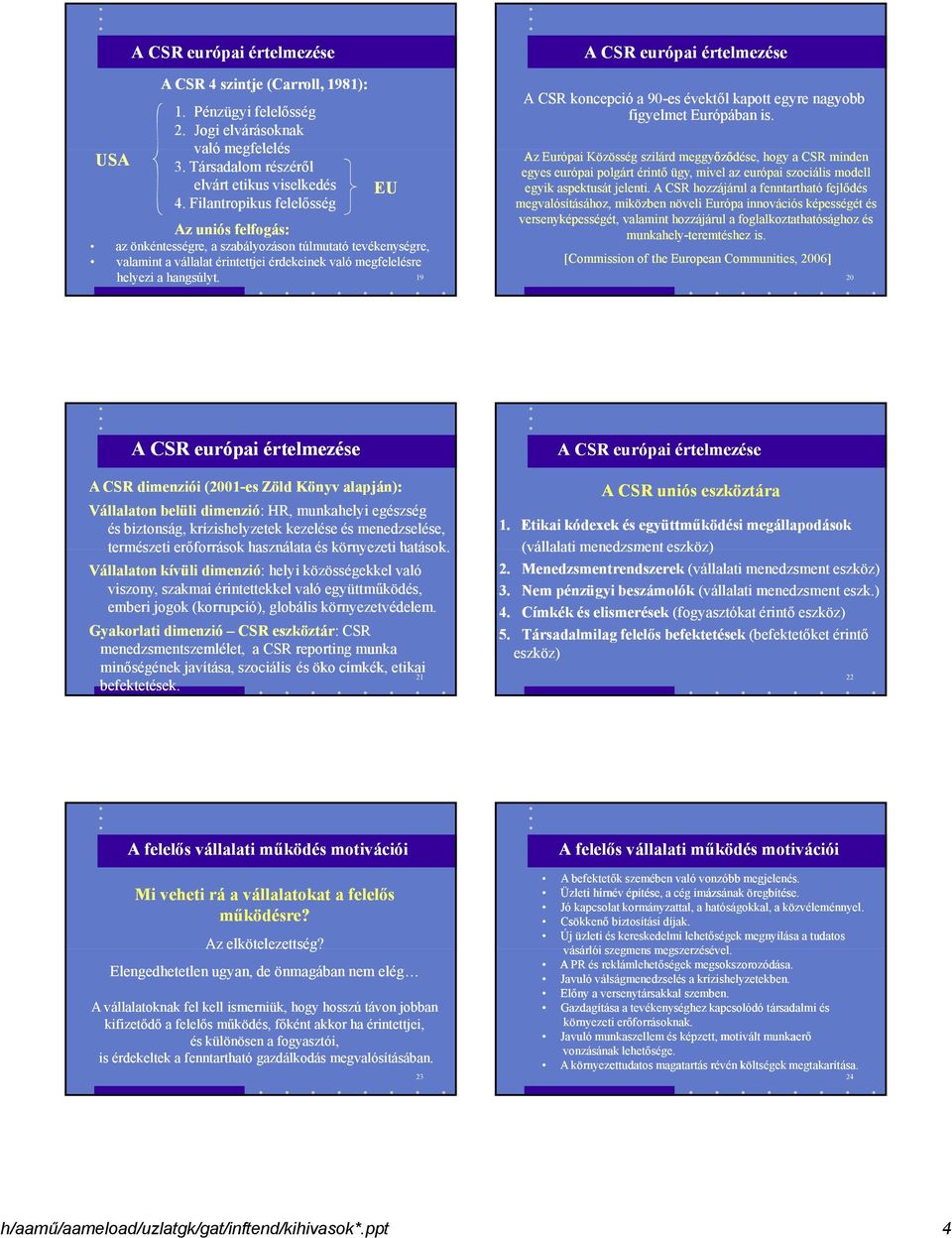 19 A CSR európai értelmezése A CSR koncepció a 90-es évektől kapott egyre nagyobb figyelmet Európában is.
