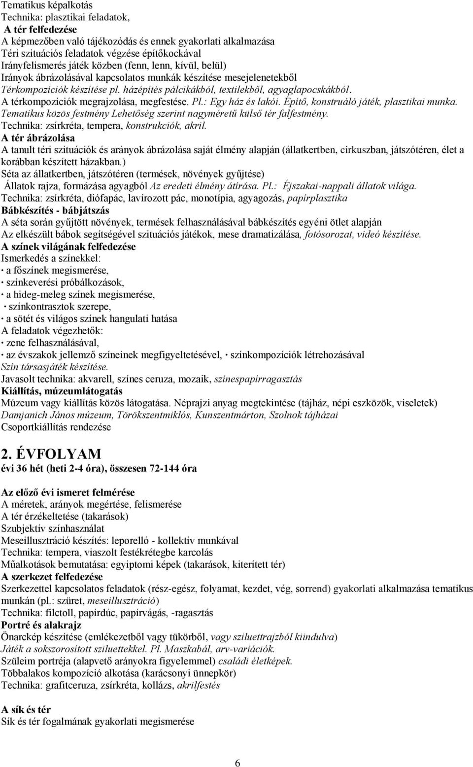 A térkompozíciók megrajzolása, megfestése. Pl.: Egy ház és lakói. Építő, konstruáló játék, plasztikai munka. Tematikus közös festmény Lehetőség szerint nagyméretű külső tér falfestmény.