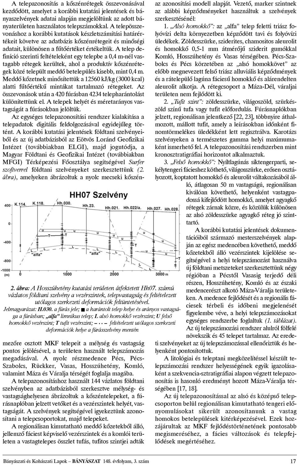 a fúrás jele; n a harántolt telep helye és arányos vastagsága a fúrásban; alfa limnikus telep; L alsó homokkõ vezérszint; U felsõ homokkõ vezérszint; T tufit vezérszint; feltételezett utólagos
