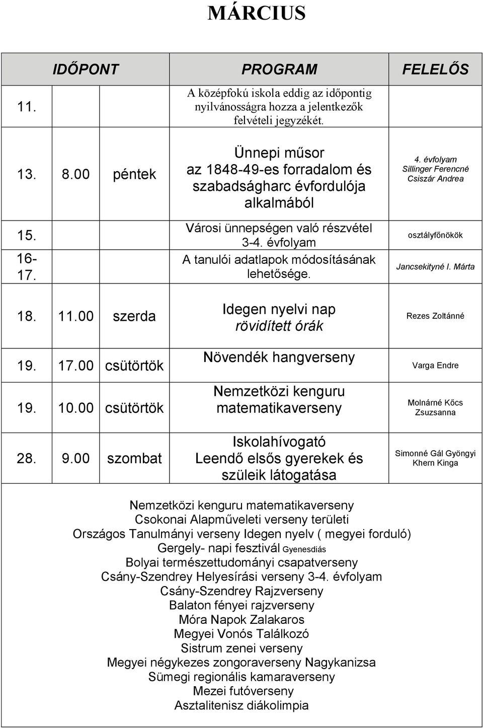 Idegen nyelvi nap rövidített órák Növendék hangverseny Nemzetközi kenguru matematikaverseny Iskolahívogató Leendő elsős gyerekek és szüleik látogatása 4.