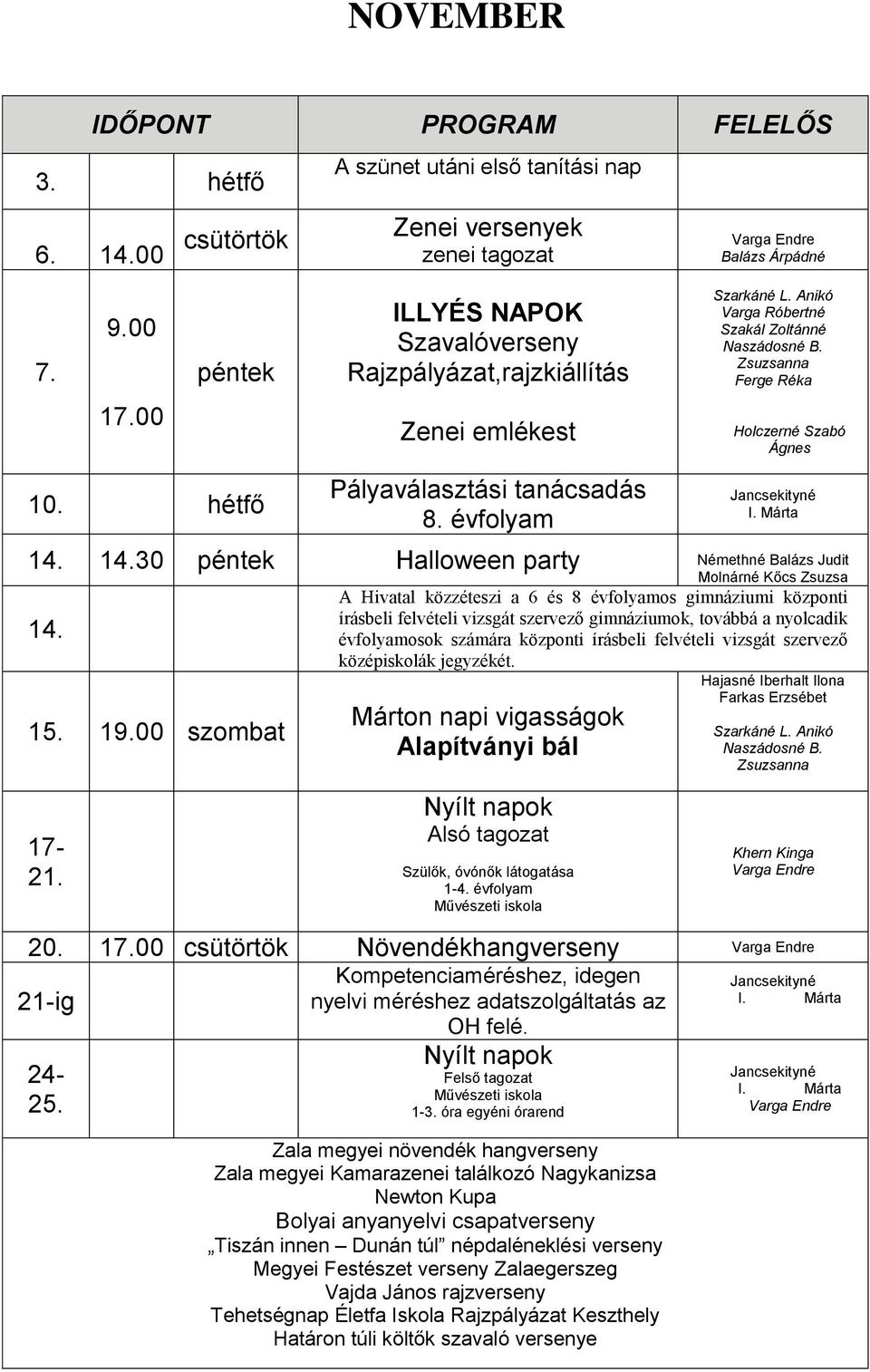 14.30 péntek Halloween party Némethné Balázs Judit Molnárné Kőcs Zsuzsa 14. 15. 19.
