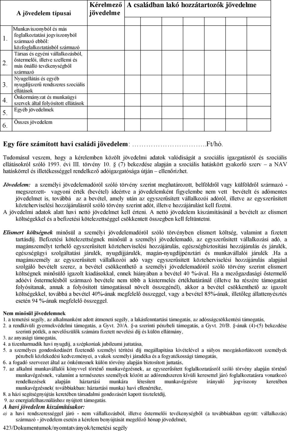 Nyugellátás és egyéb nyugdíjszerű rendszeres szociális ellátások Önkormányzat és munkaügyi szervek által folyósított ellátások Egyéb jövedelmek Összes jövedelem Egy főre számított havi családi