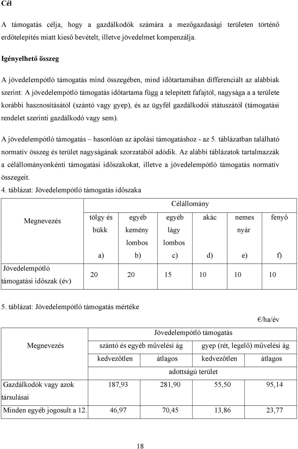 területe korábbi hasznosításától (szántó vagy gyep), és az ügyfél gazdálkodói státuszától (támogatási rendelet szerinti gazdálkodó vagy sem).