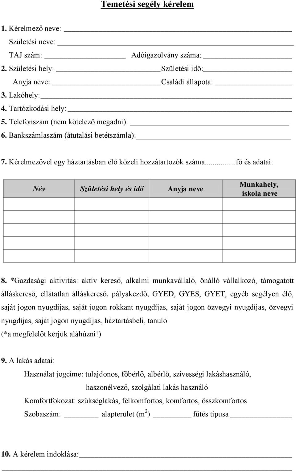 Temetési segély kérelem - PDF Ingyenes letöltés
