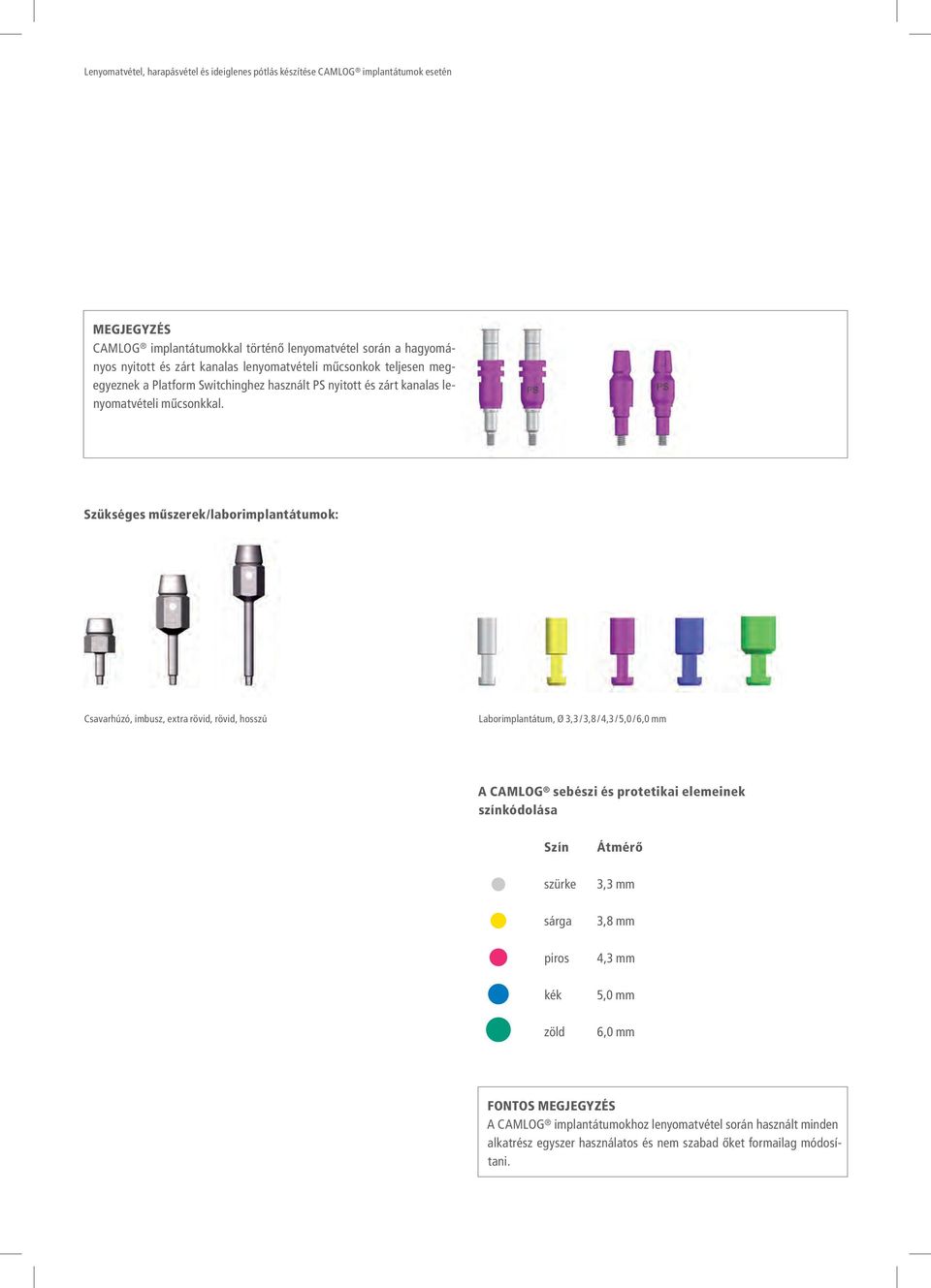 Szükséges műszerek/laborimplantátumok: Csavarhúzó, imbusz, extra rövid, rövid, hosszú Laborimplantátum, Ø 3,3 / 3,8 / 4,3 / 5,0 / 6,0 mm A CAMLOG sebészi és