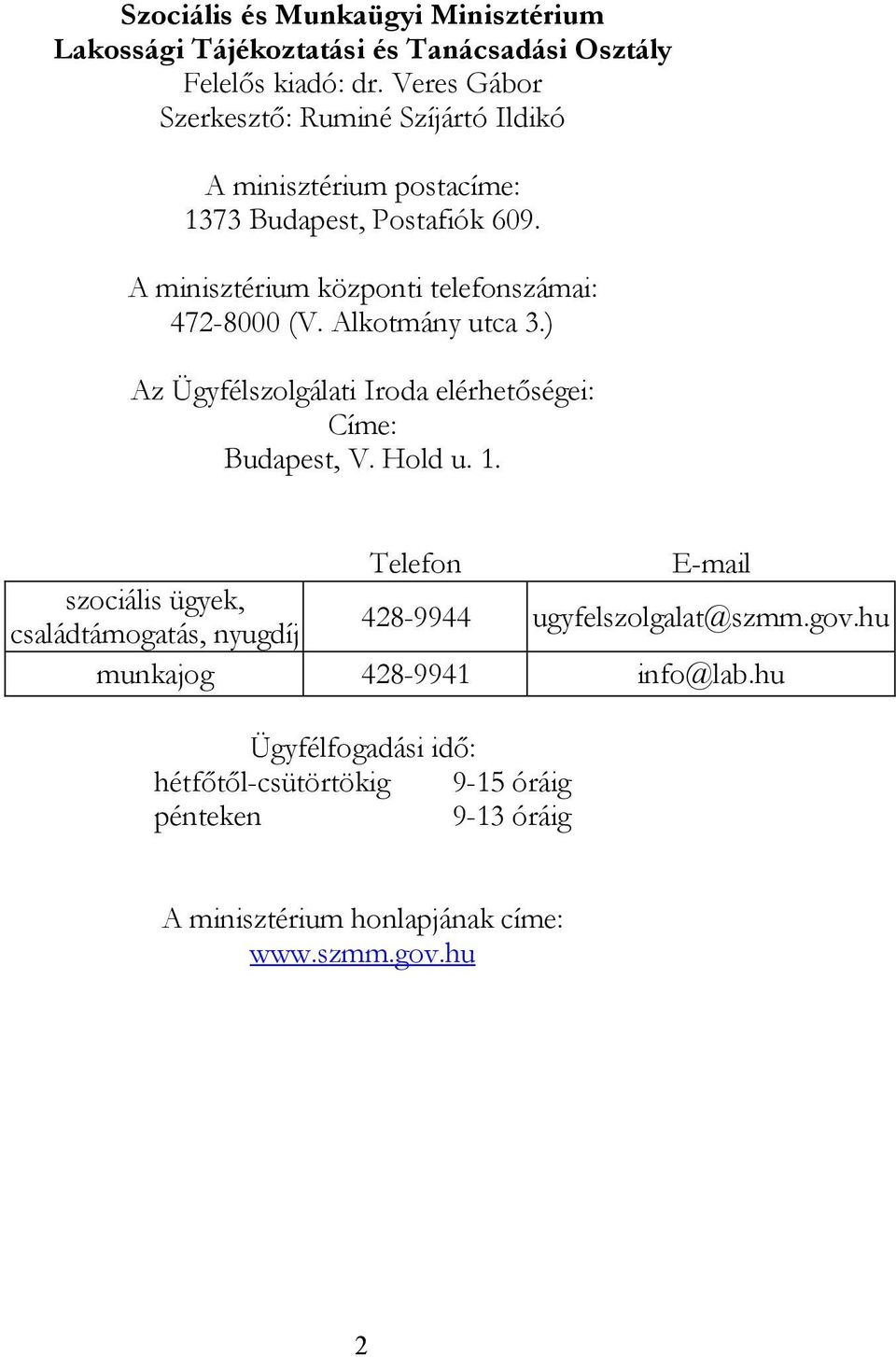 A minisztérium központi telefonszámai: 472-8000 (V. Alkotmány utca 3.) Az Ügyfélszolgálati Iroda elérhetőségei: Címe: Budapest, V. Hold u. 1.