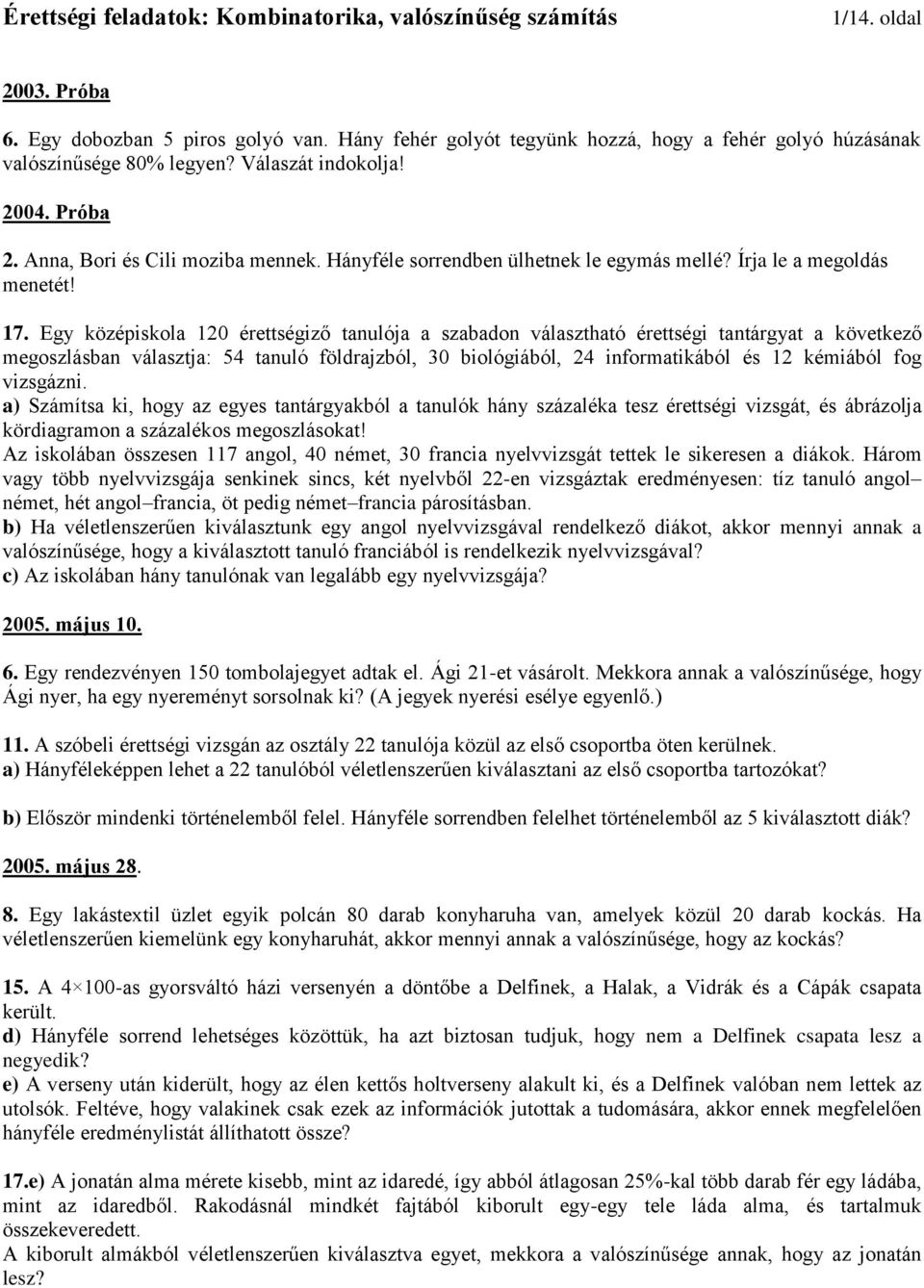 Egy középiskola 120 érettségiző tanulója a szabadon választható érettségi tantárgyat a következő megoszlásban választja: 54 tanuló földrajzból, 30 biológiából, 24 informatikából és 12 kémiából fog