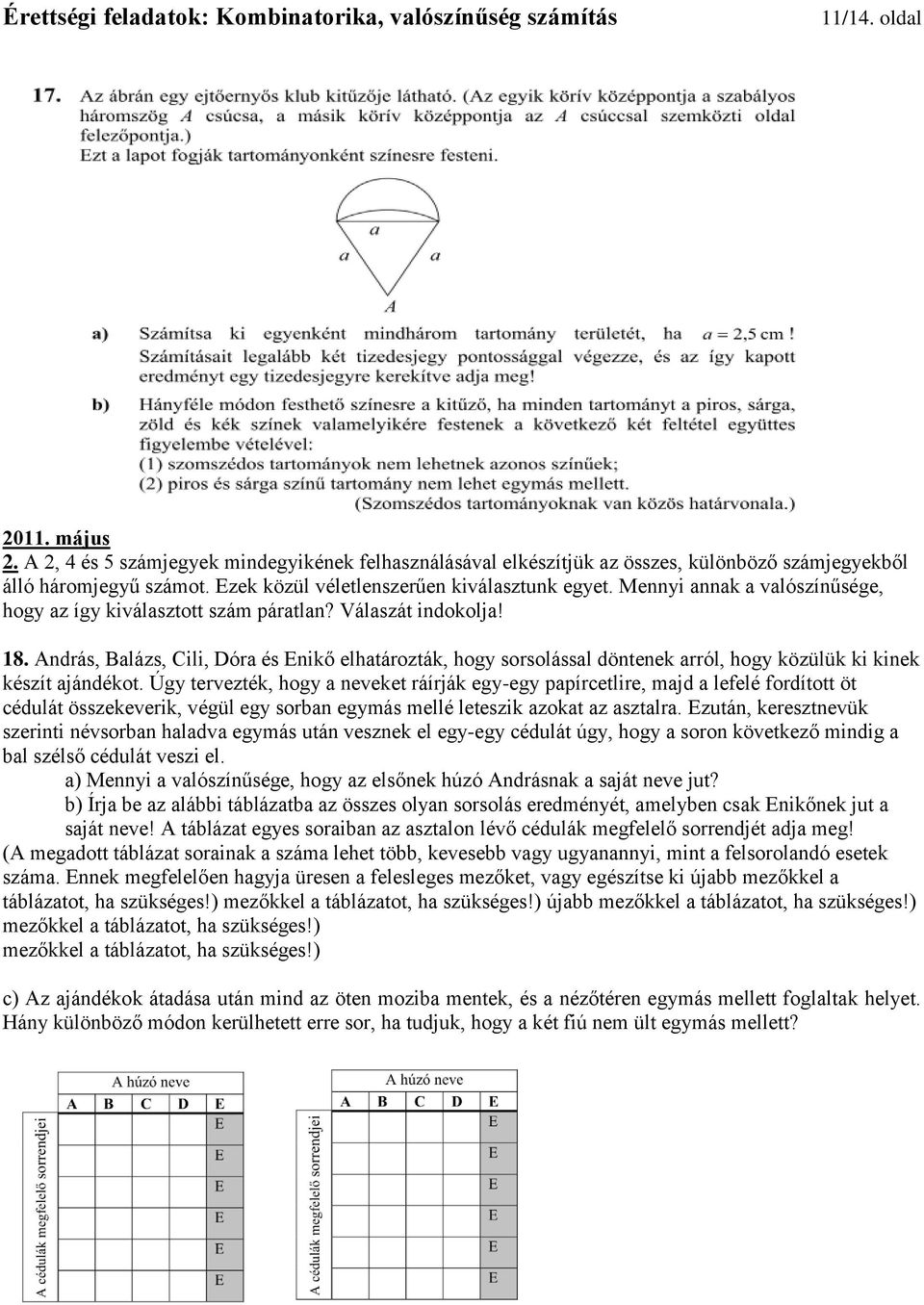 András, Balázs, Cili, Dóra és Enikő elhatározták, hogy sorsolással döntenek arról, hogy közülük ki kinek készít ajándékot.