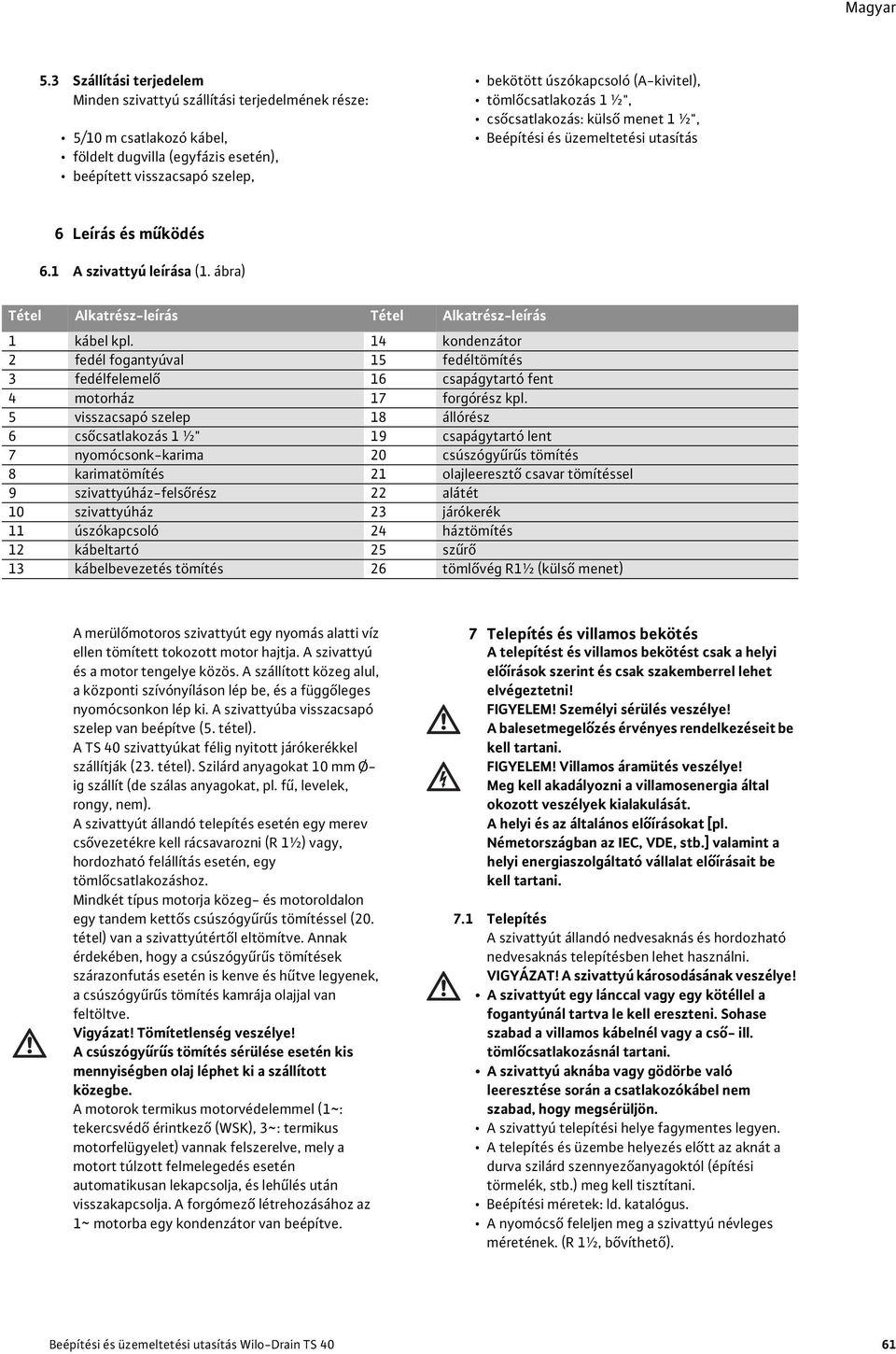 tömlőcsatlakozás 1 ½", csőcsatlakozás: külső menet 1 ½", Beépítési és üzemeltetési utasítás 6 Leírás és működés 6.1 A szivattyú leírása (1.