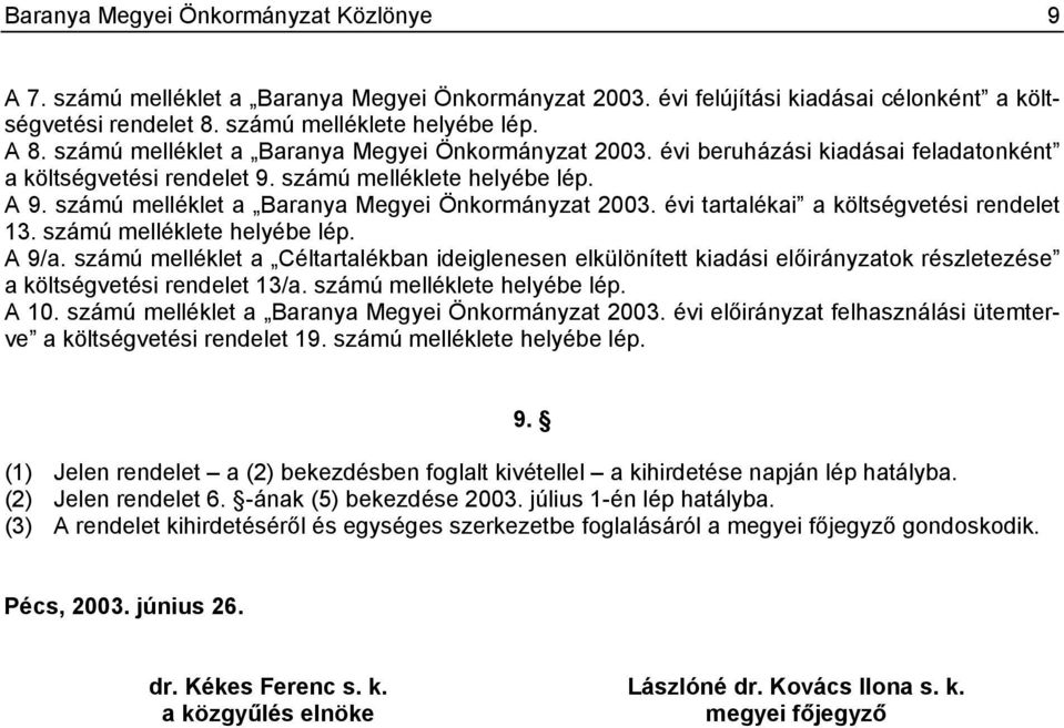 számú melléklet a Baranya Megyei Önkormányzat 2003. évi tartalékai a költségvetési rendelet 13. számú melléklete helyébe lép. A 9/a.