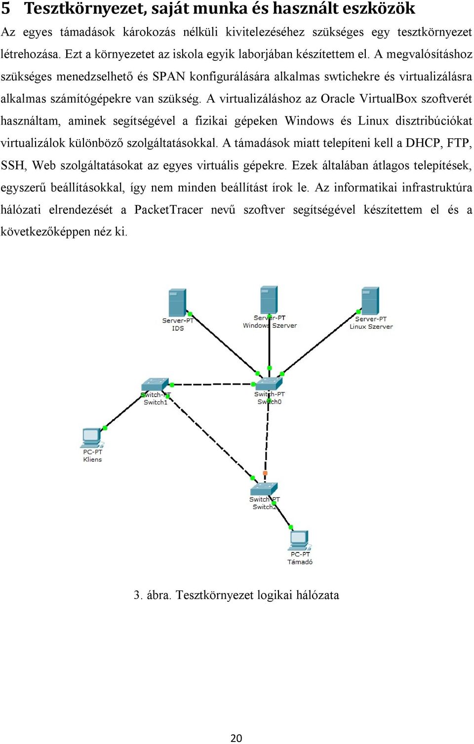 A megvalósításhoz szükséges menedzselhető és SPAN konfigurálására alkalmas swtichekre és virtualizálásra alkalmas számítógépekre van szükség.