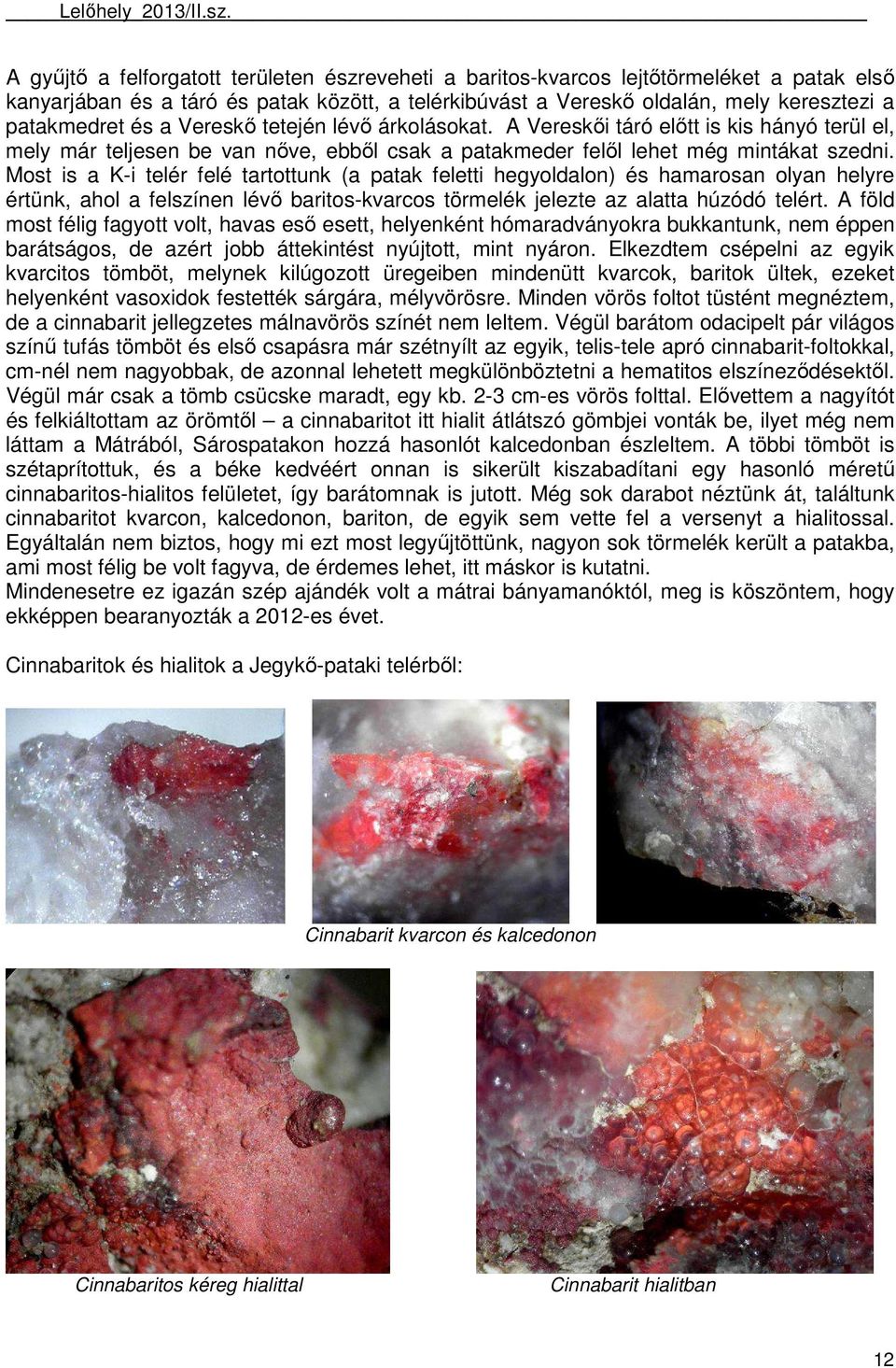 Most is a K-i telér felé tartottunk (a patak feletti hegyoldalon) és hamarosan olyan helyre értünk, ahol a felszínen lévı baritos-kvarcos törmelék jelezte az alatta húzódó telért.