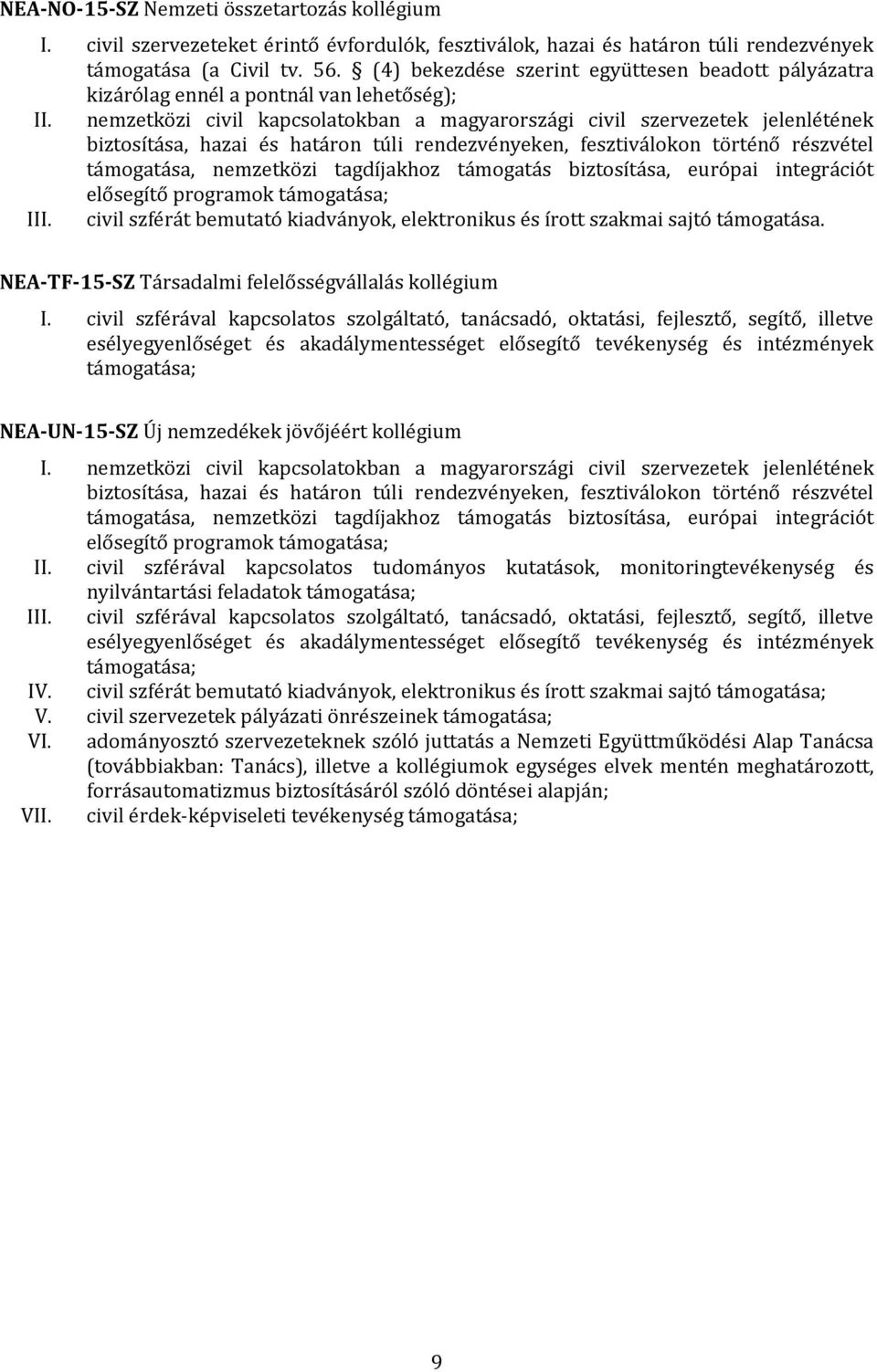 nemzetközi civil kapcsolatokban a magyarországi civil szervezetek jelenlétének biztosítása, hazai és határon túli rendezvényeken, fesztiválokon történő részvétel támogatása, nemzetközi tagdíjakhoz