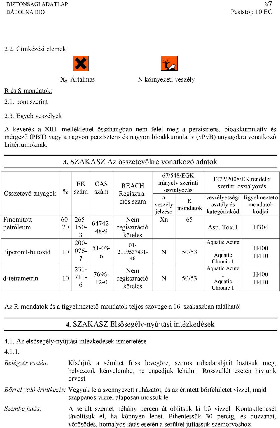 SZAKASZ Az összetevőkre vonatkozó adatok Összetevő anyagok % Finomított petróleum 60-70 Piperonil-butoxid 10 d-tetrametrin 10 EK szám 231-711- 6 CAS szám 265-150- 3 200-076- 7 64742-48-9 51-03- 6