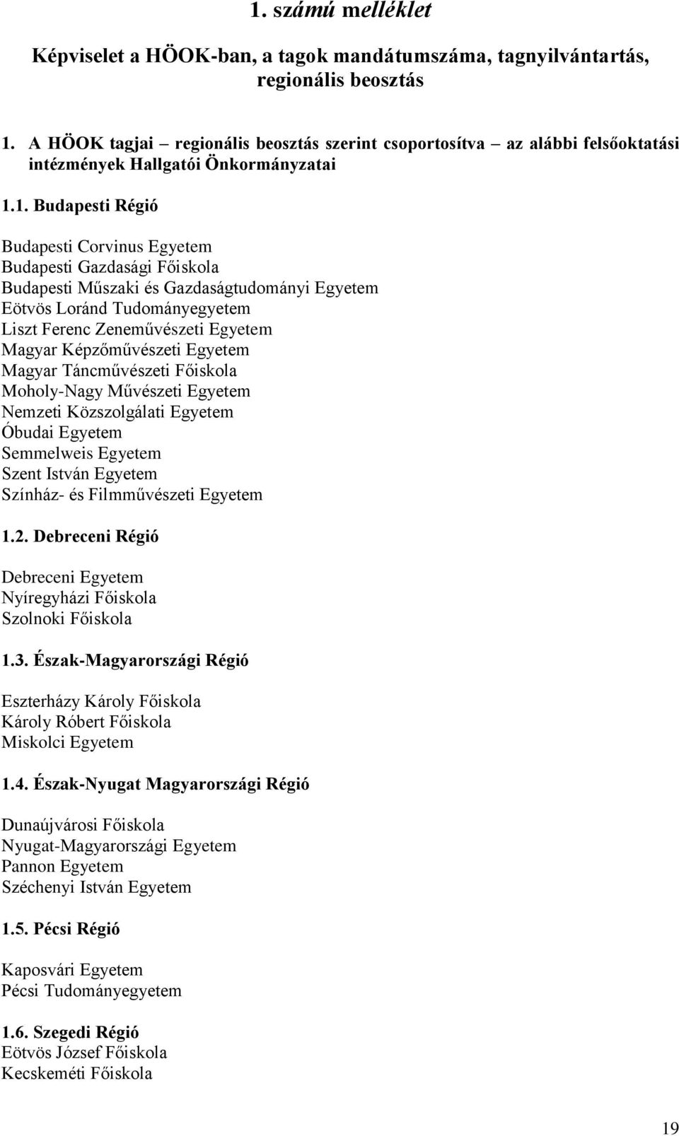 1. Budapesti Régió Budapesti Corvinus Egyetem Budapesti Gazdasági Főiskola Budapesti Műszaki és Gazdaságtudományi Egyetem Eötvös Loránd Tudományegyetem Liszt Ferenc Zeneművészeti Egyetem Magyar