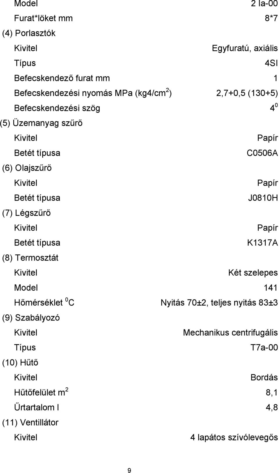 Termosztát Kivitel Model Hőmérséklet 0 C (9) Szabályozó Kivitel Típus (10) Hűtő Kivitel Hűtőfelület m 2 Űrtartalom l (11) Ventillátor Kivitel 4 0 Papír