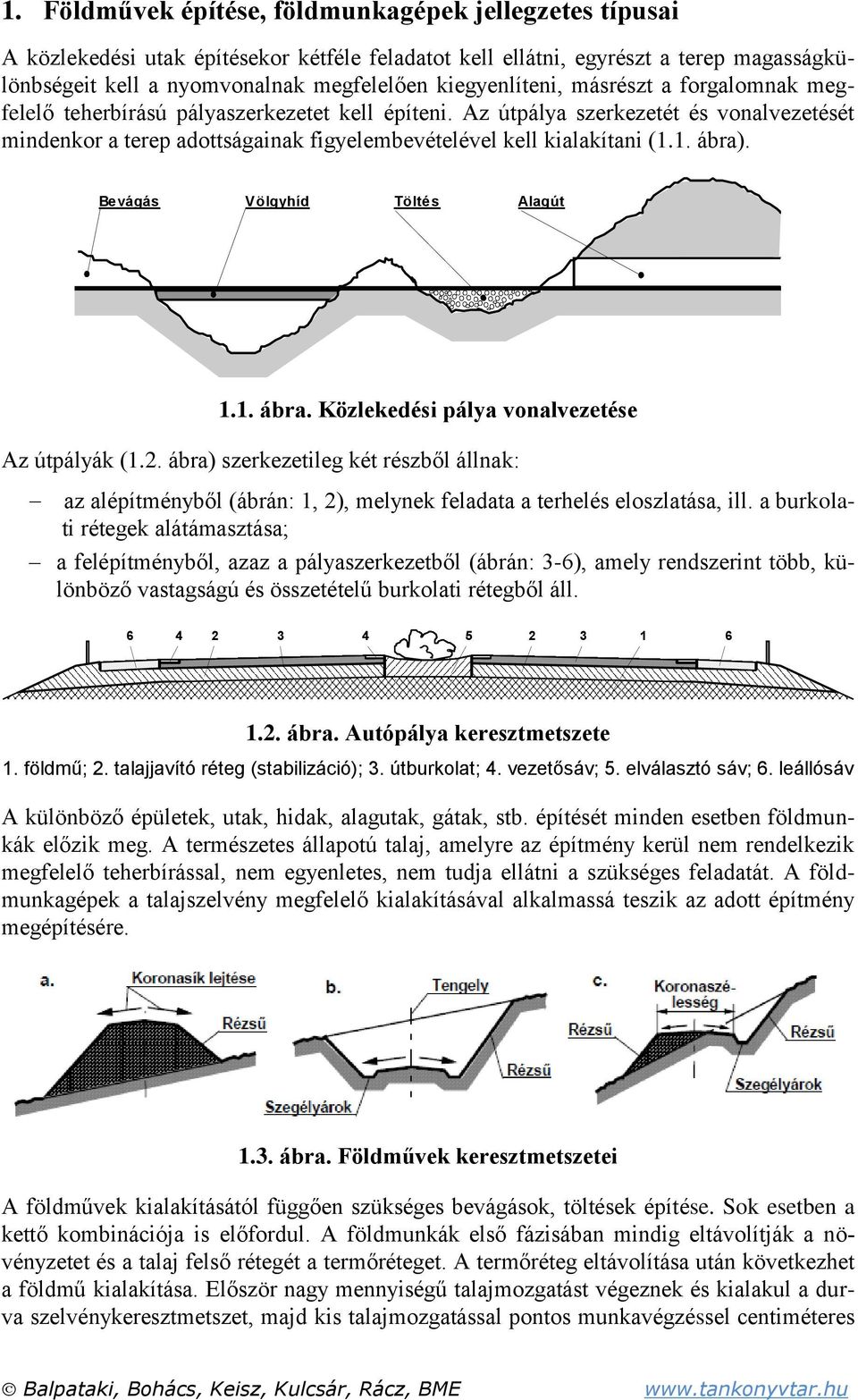 Az útpálya szerkezetét és vonalvezetését mindenkor a terep adottságainak figyelembevételével kell kialakítani (1.1. ábra). Bevágás Völgyhíd Töltés Alagút 1.1. ábra. Közlekedési pálya vonalvezetése Az útpályák (1.