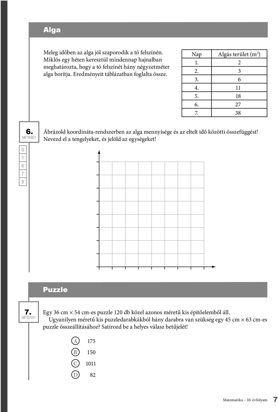 MF6 Ábrázold koordináta-rendszerben az alga mennyisége és az eltelt idő közötti összefüggést! Nevezd el a tengelyeket, és jelöld az egységeket! 6 Puzzle.