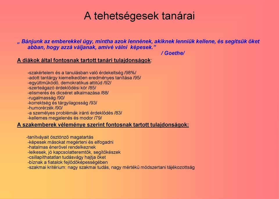 attitűd /92/ -szerteágazó érdeklődési kör /85/ -elismerés és dicséret alkalmazása /88/ -rugalmasság /90/ -korrektség és tárgyilagosság /93/ -humorérzék /90/ -a személyes problémák iránti érdeklődés