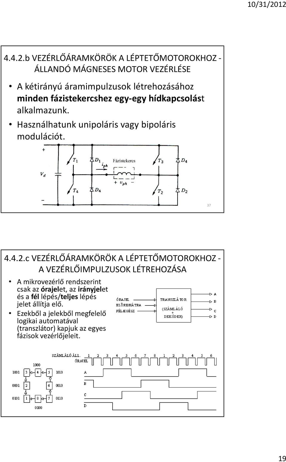 fázistekercshez egy-egy hídkapcsolást alkalmazunk. Használhatunk unipoláris vagy bipoláris modulációt.