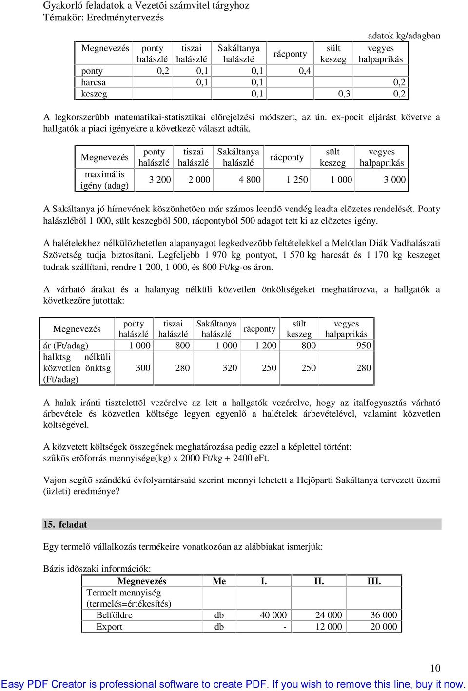 Megnevezés maximális igény (adag) ponty halászlé tiszai halászlé Sakáltanya halászlé rácponty sült keszeg vegyes halpaprikás 00 000 800 50 000 000 A Sakáltanya jó hírnevének köszönhetõen már számos