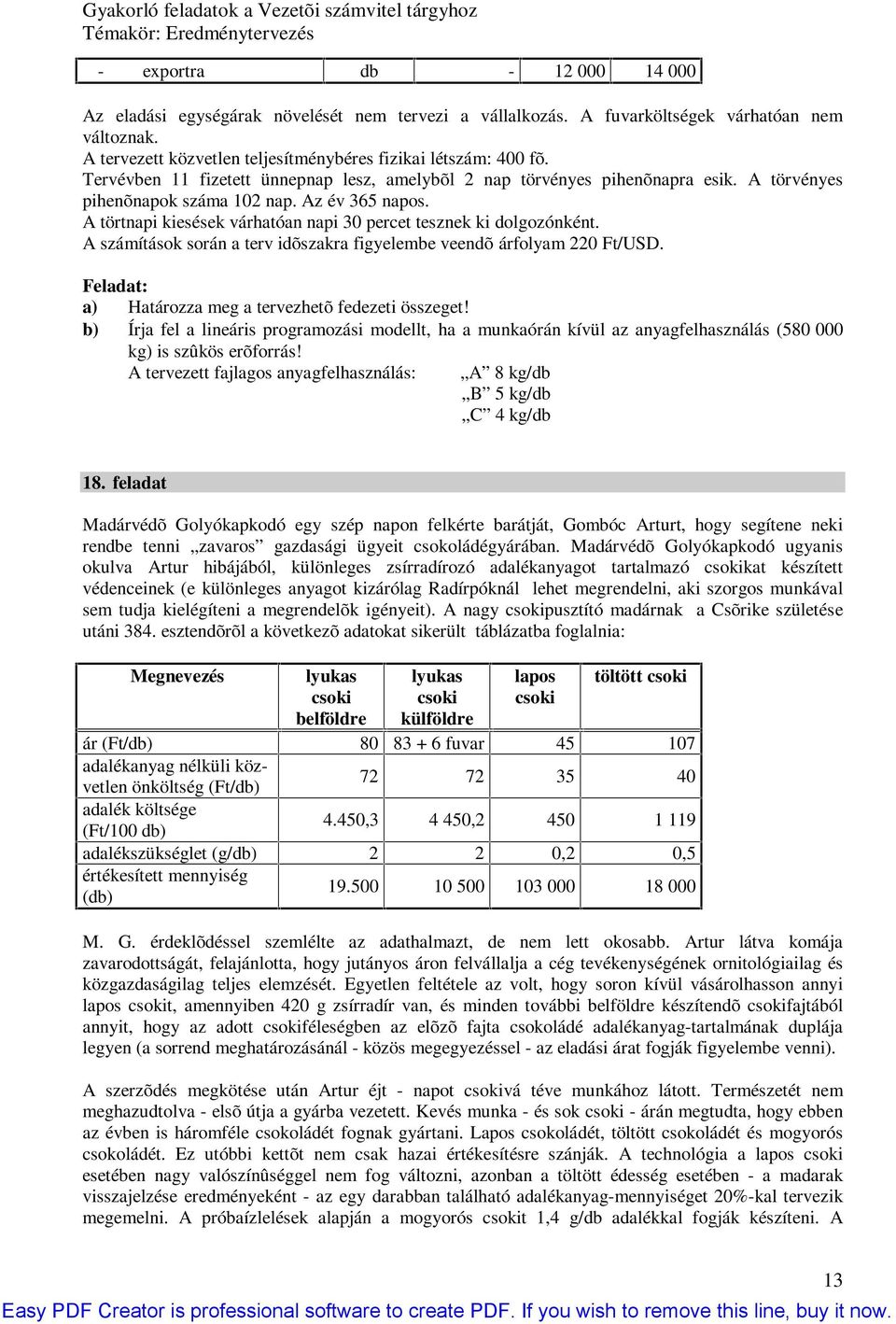 A számítások során a terv idõszakra figyelembe veendõ árfolyam 0 Ft/USD. Feladat: a) Határozza meg a tervezhetõ fedezeti összeget!