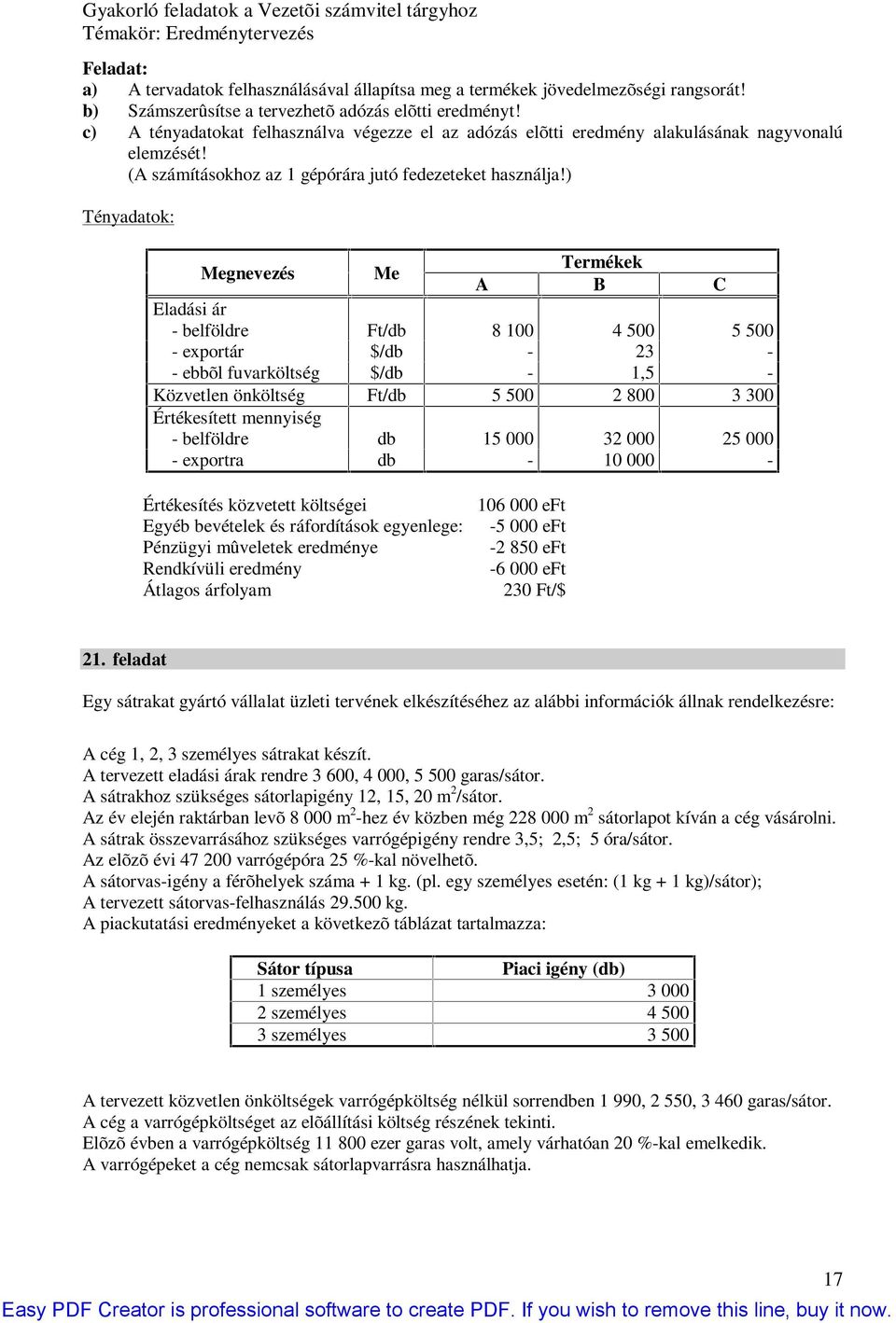 ) Tényadatok: Megnevezés Me Termékek A B C Eladási ár - belföldre Ft/db 8 00 500 5 500 - exportár $/db - - - ebbõl fuvarköltség $/db -,5 - Közvetlen önköltség Ft/db 5 500 800 00 Értékesített