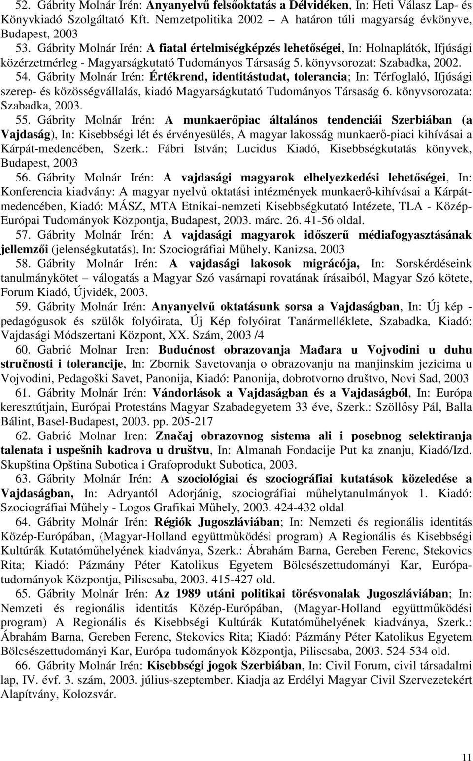Gábrity Molnár Irén: Értékrend, identitástudat, tolerancia; In: Térfoglaló, Ifjúsági szerep- és közösségvállalás, kiadó Magyarságkutató Tudományos Társaság 6. könyvsorozata: Szabadka, 2003. 55.
