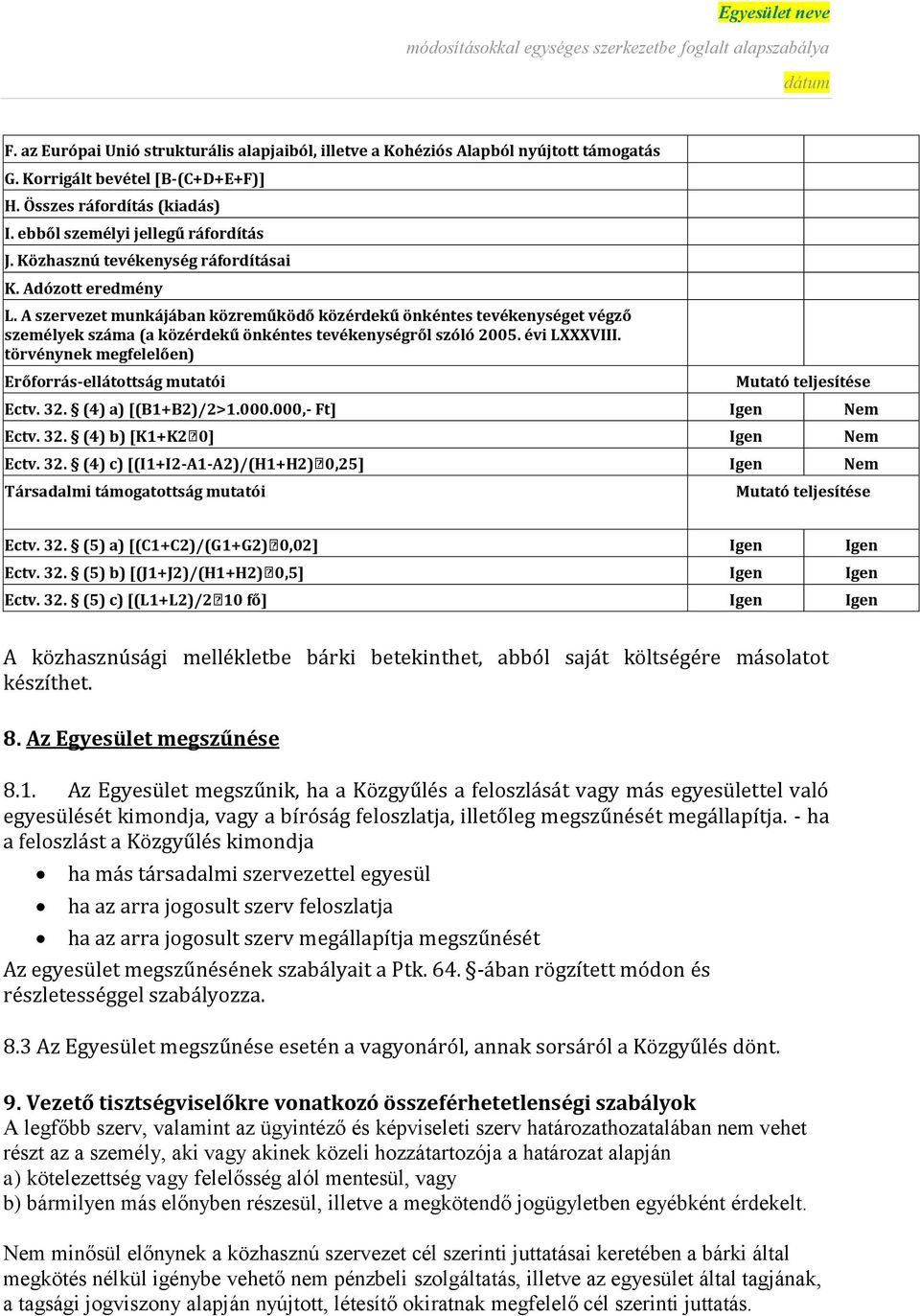 évi LXXXVIII. törvénynek megfelelően) Erőforrás-ellátottság mutatói Mutató teljesítése Ectv. 32. (4) a) [(B1+B2)/2>1.000.000,- Ft] Igen Nem Ectv. 32. (4) b) [K1+K2 0] Igen Nem Ectv. 32. (4) c) [(I1+I2-A1-A2)/(H1+H2) 0,25] Igen Nem Társadalmi támogatottság mutatói Mutató teljesítése Ectv.