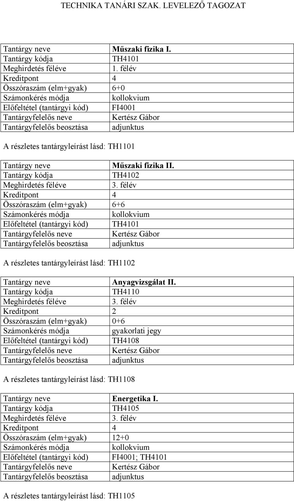 II. TH4102 Összóraszám (elm+gyak) 6+6 TH4101 A részletes tantárgyleírást lásd: TH1102